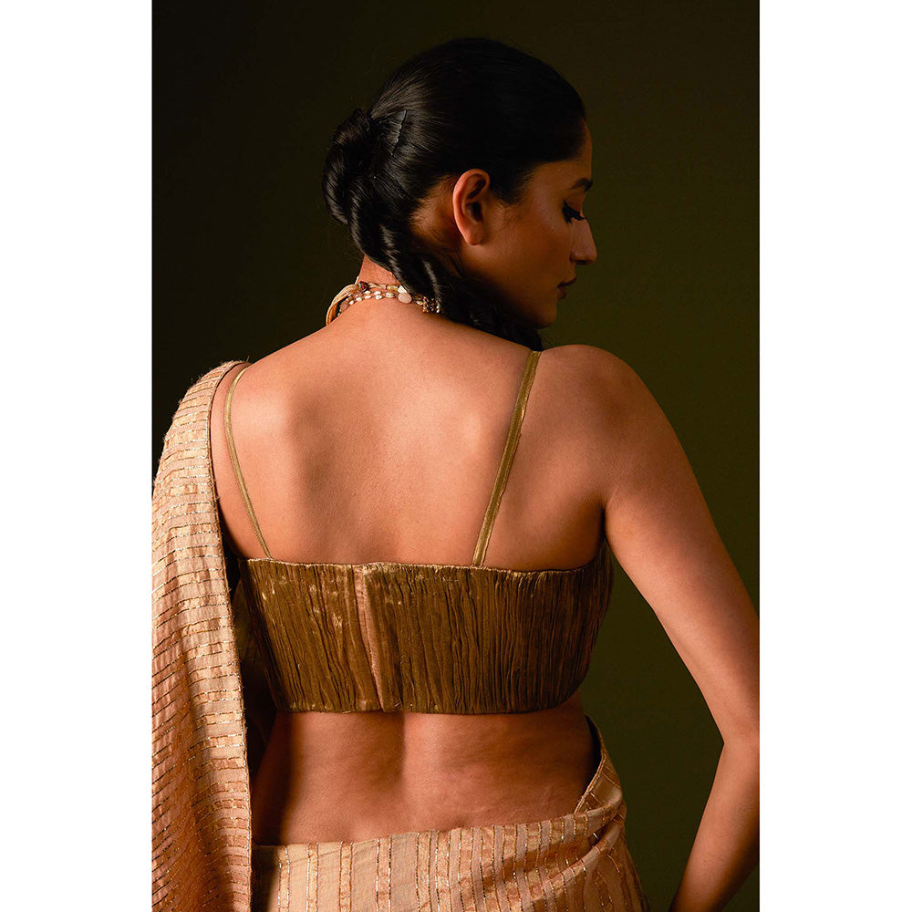 AURUL Beige Zari Lines Saree with Stitched Blouse