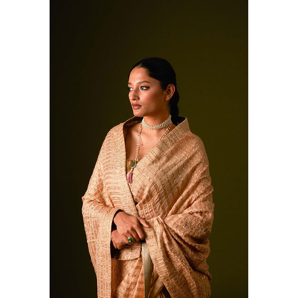 AURUL Beige Zari Lines Saree with Stitched Blouse