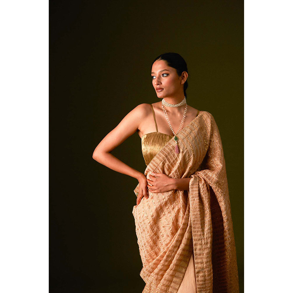 AURUL Beige Zari Lines Saree with Stitched Blouse
