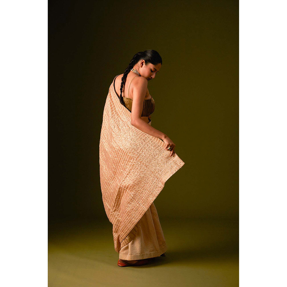 AURUL Beige Zari Lines Saree with Stitched Blouse
