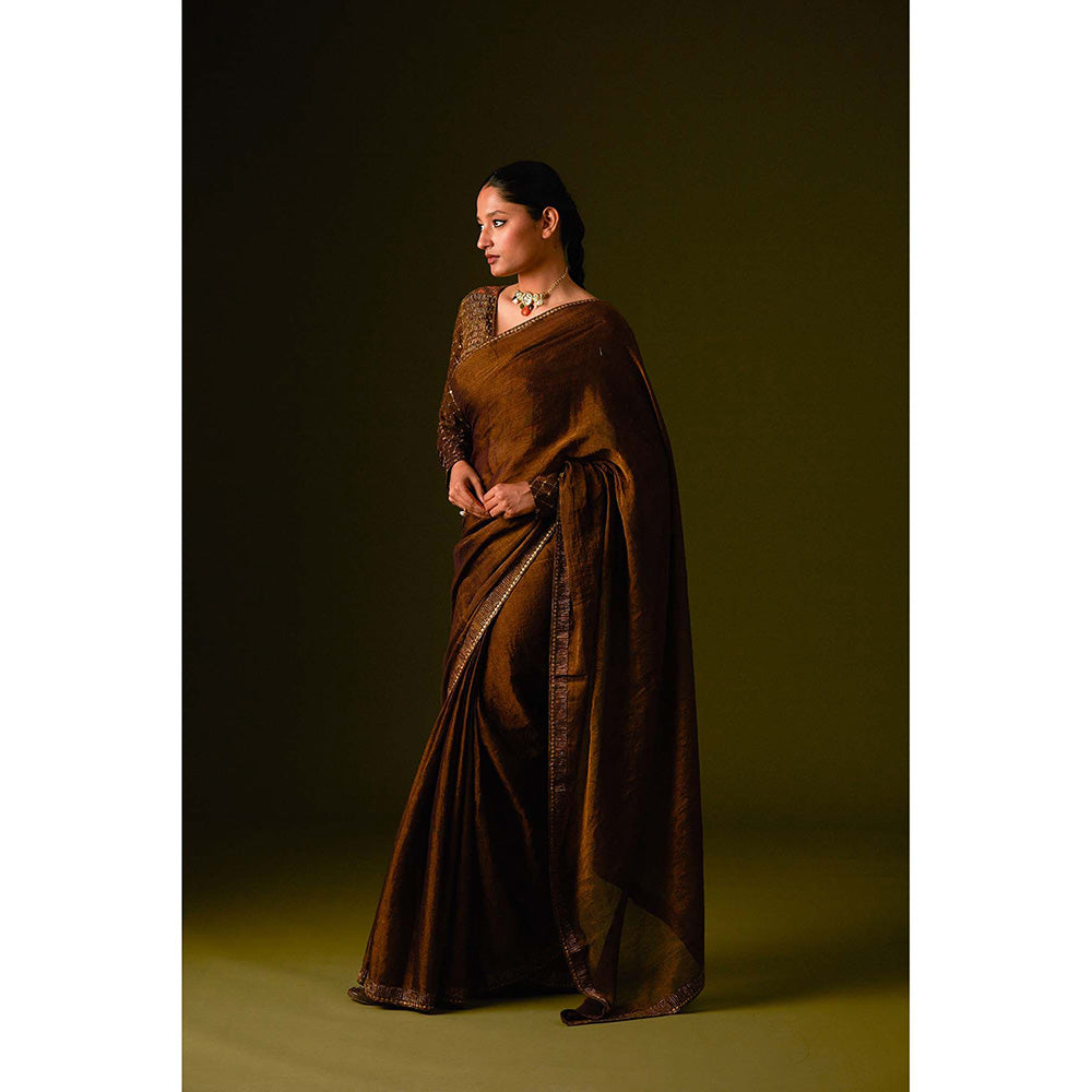 AURUL Dark Brown Embroidered Saree with Stitched Blouse