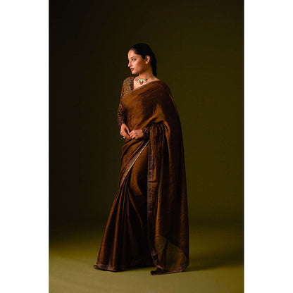 AURUL Dark Brown Embroidered Saree with Stitched Blouse