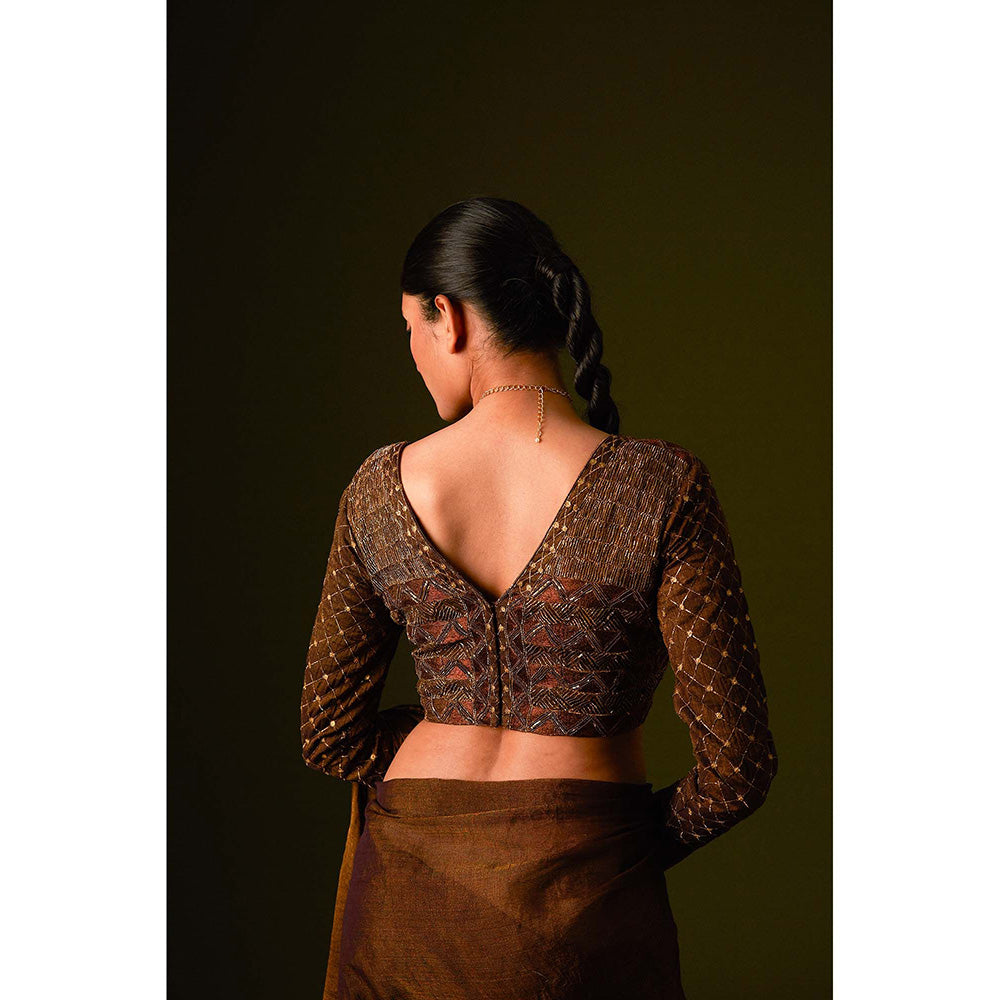 AURUL Dark Brown Embroidered Saree with Stitched Blouse