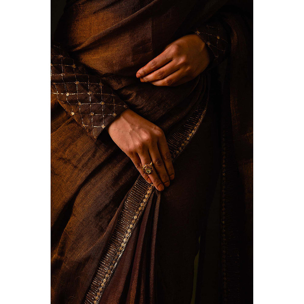 AURUL Dark Brown Embroidered Saree with Stitched Blouse