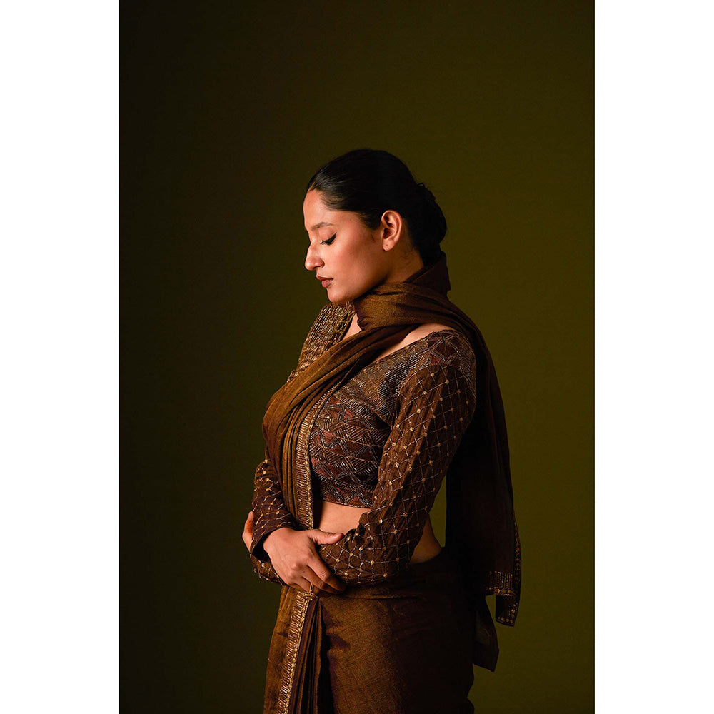 AURUL Dark Brown Embroidered Saree with Stitched Blouse