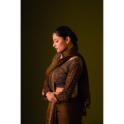 AURUL Dark Brown Embroidered Saree with Stitched Blouse