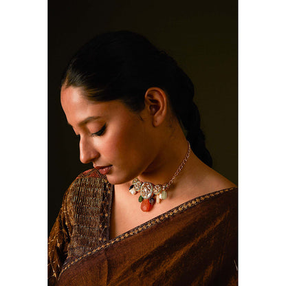 AURUL Dark Brown Embroidered Saree with Stitched Blouse