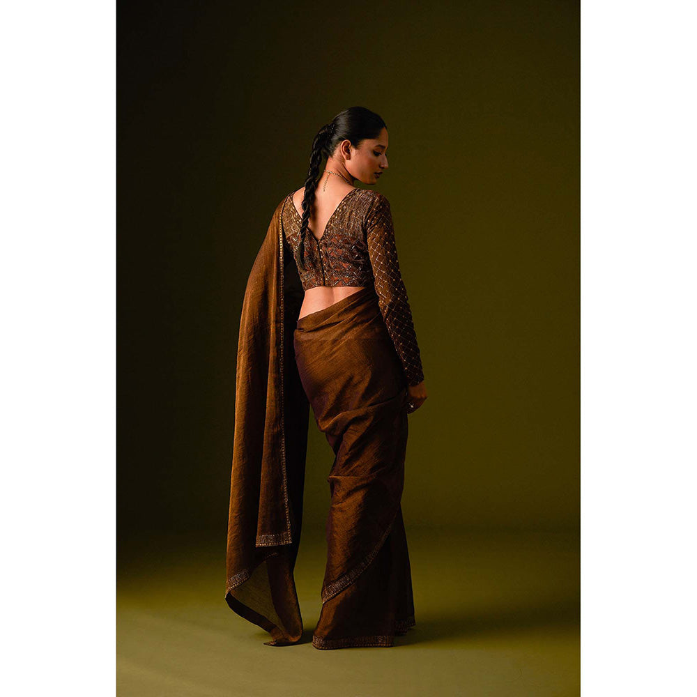 AURUL Dark Brown Embroidered Saree with Stitched Blouse