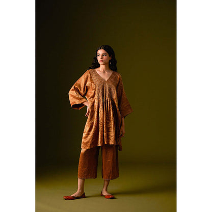 AURUL Light Brown Thin Zari Stripe Kurta with Palazzo (Set of 2)