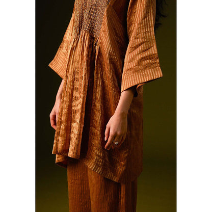 AURUL Light Brown Thin Zari Stripe Kurta with Palazzo (Set of 2)