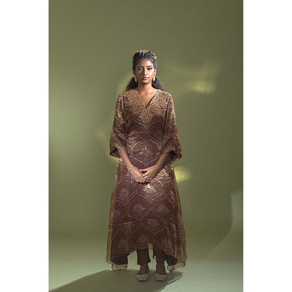 AURUL Rust Banaras Silk Kurta with Churidar (Set of 2)