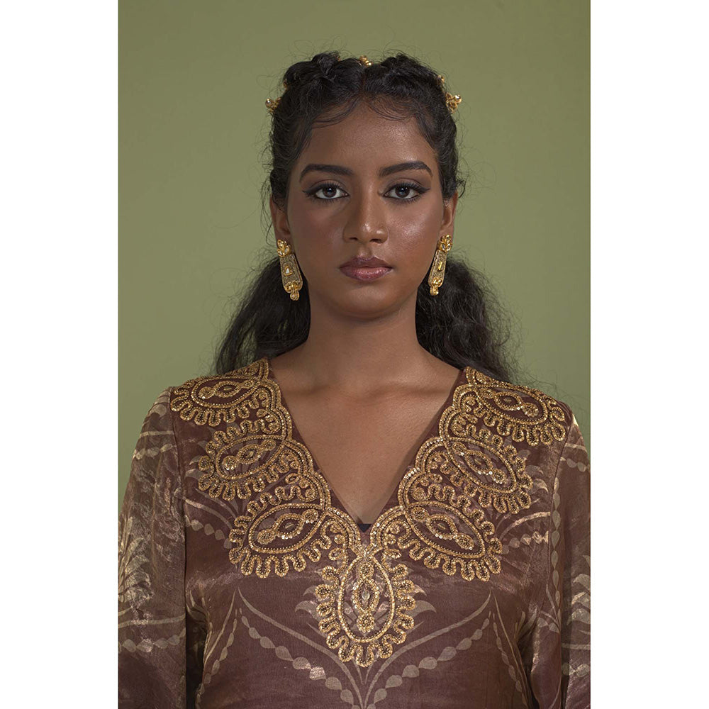 AURUL Rust Banaras Silk Kurta with Churidar (Set of 2)