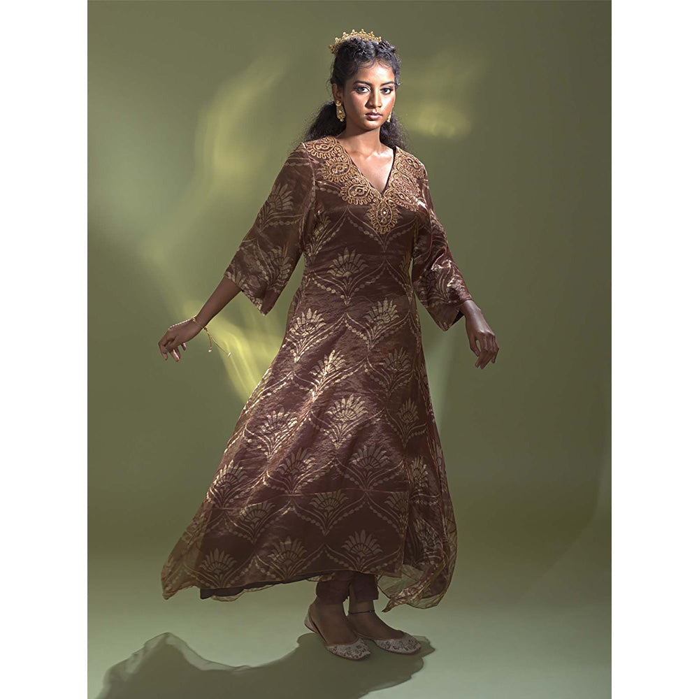 AURUL Rust Banaras Silk Kurta with Churidar (Set of 2)