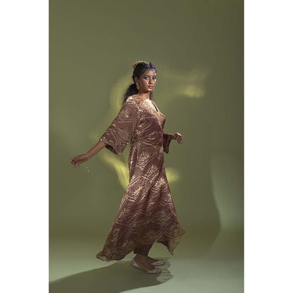 AURUL Rust Banaras Silk Kurta with Churidar (Set of 2)