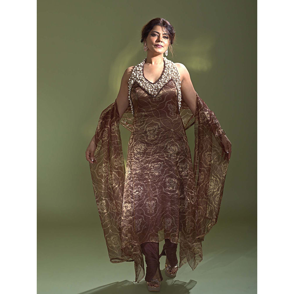 AURUL Rust Pearl Halter Kurta with Churidar and Dupatta (Set of 3)