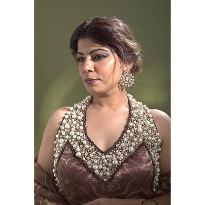 AURUL Rust Pearl Halter Kurta with Churidar and Dupatta (Set of 3)