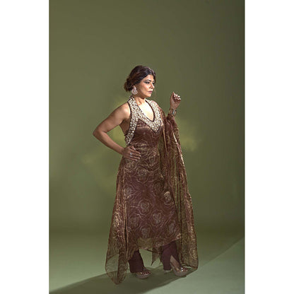 AURUL Rust Pearl Halter Kurta with Churidar and Dupatta (Set of 3)