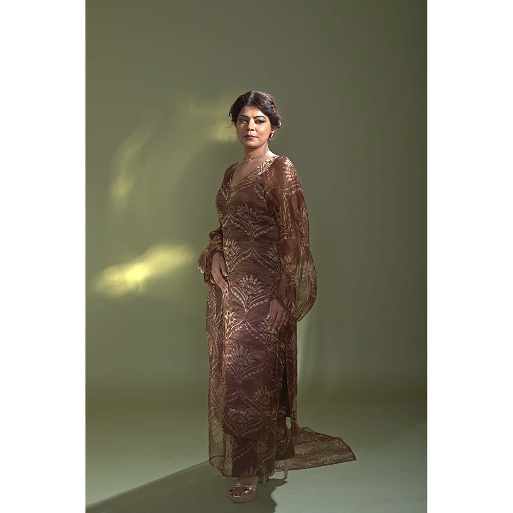 AURUL Rust Banaras Silk Crystal Emb Kurta with Pant and Dupatta (Set of 3)