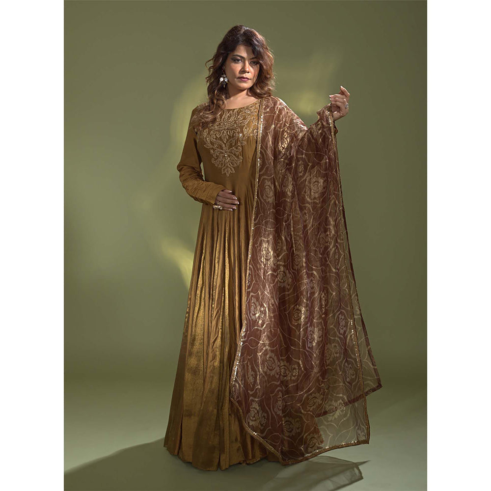 AURUL Golden Chinya Silk Anarkali with Dupatta (Set of 2)
