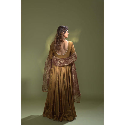 AURUL Golden Chinya Silk Anarkali with Dupatta (Set of 2)