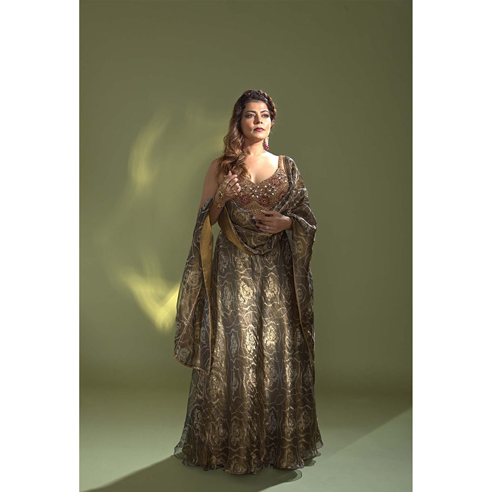 AURUL Embellished Deep Blue Banaras Silk Lehenga with Choli and Dupatta (Set of 3)