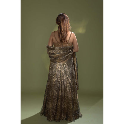 AURUL Embellished Deep Blue Banaras Silk Lehenga with Choli and Dupatta (Set of 3)