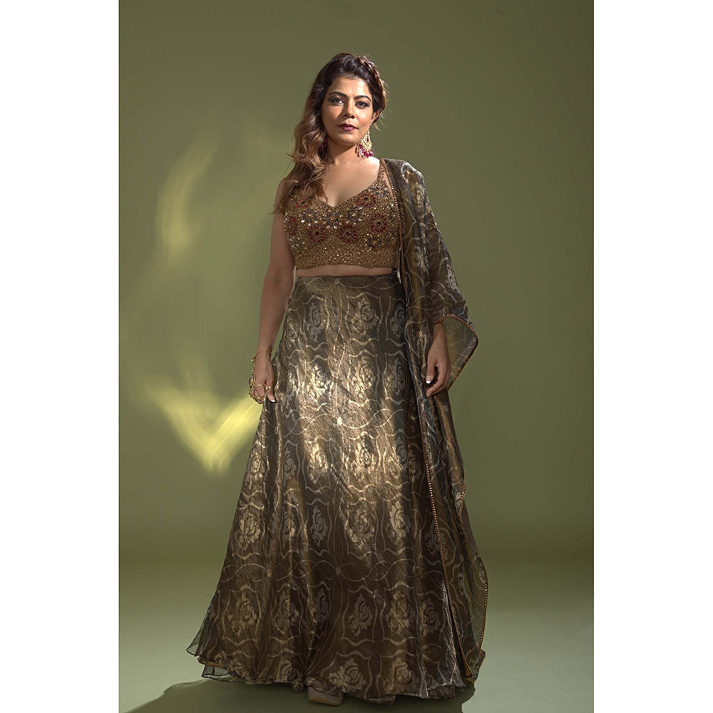 AURUL Embellished Deep Blue Banaras Silk Lehenga with Choli and Dupatta (Set of 3)