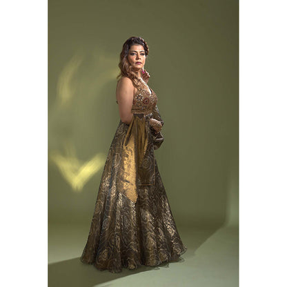 AURUL Embellished Deep Blue Banaras Silk Lehenga with Choli and Dupatta (Set of 3)