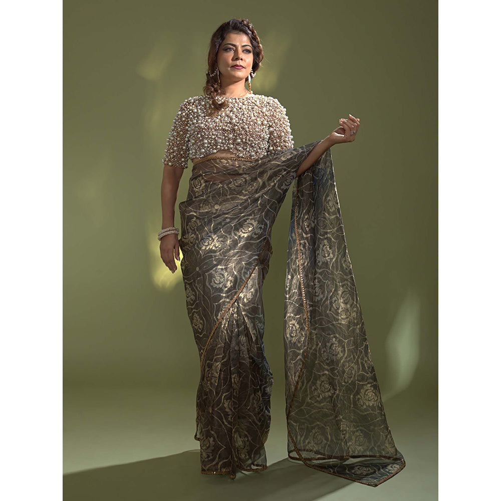 AURUL Blue Pearl Banaras Silk Saree with Stitched Blouse