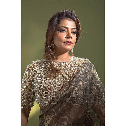 AURUL Blue Pearl Banaras Silk Saree with Stitched Blouse