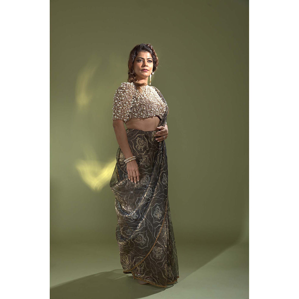 AURUL Blue Pearl Banaras Silk Saree with Stitched Blouse