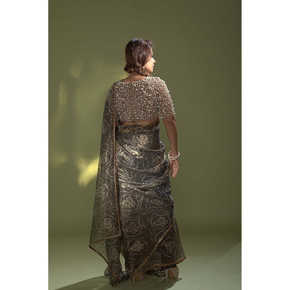 AURUL Blue Pearl Banaras Silk Saree with Stitched Blouse