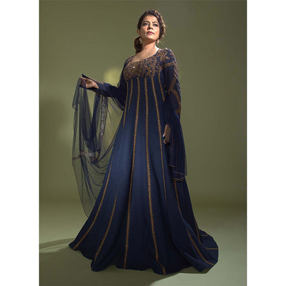 AURUL Navy Blue Royal Anarkali with Dupatta (Set of 2)