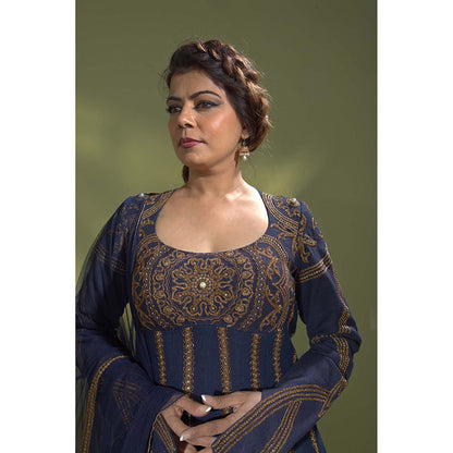 AURUL Navy Blue Royal Anarkali with Dupatta (Set of 2)