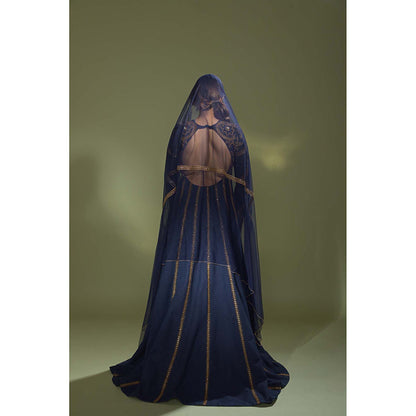 AURUL Navy Blue Royal Anarkali with Dupatta (Set of 2)