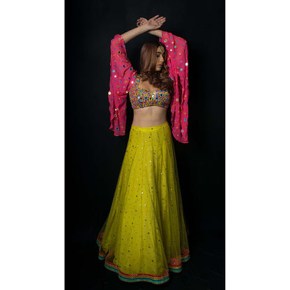 AVNNI KAPUR Green Net Mukaish Lehenga with Georgette Mirror Work Choli (Set of 2)