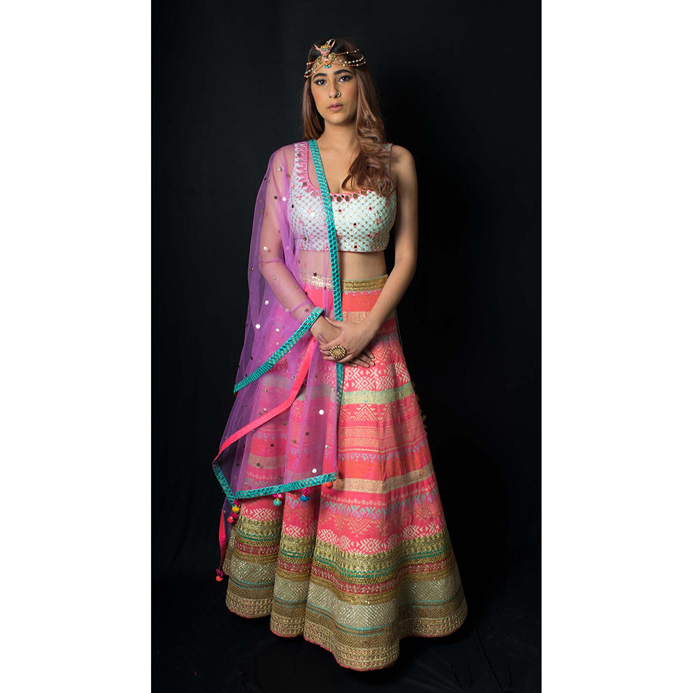AVNNI KAPUR Multi-Coloured Woven Lehenga with Mirror Work Choli and Dupatta (Set of 3)
