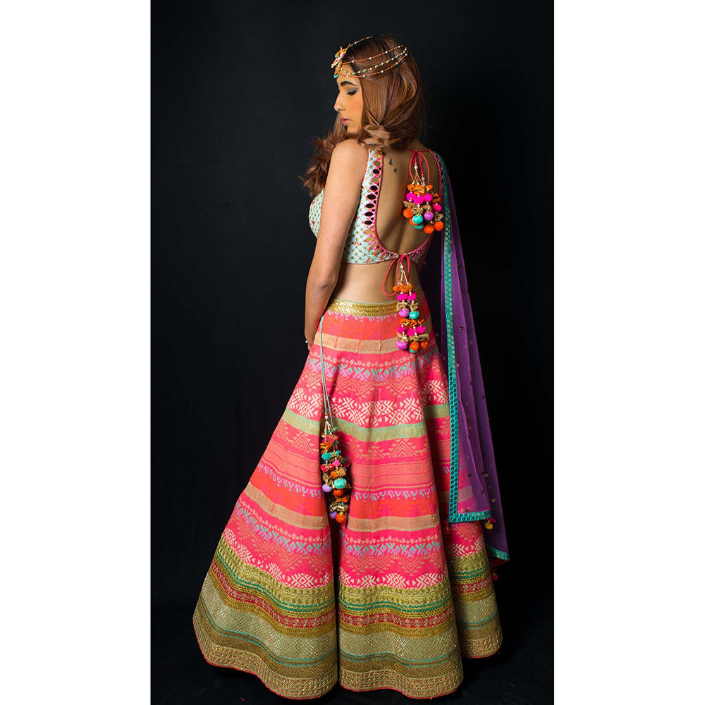 AVNNI KAPUR Multi-Coloured Woven Lehenga with Mirror Work Choli and Dupatta (Set of 3)
