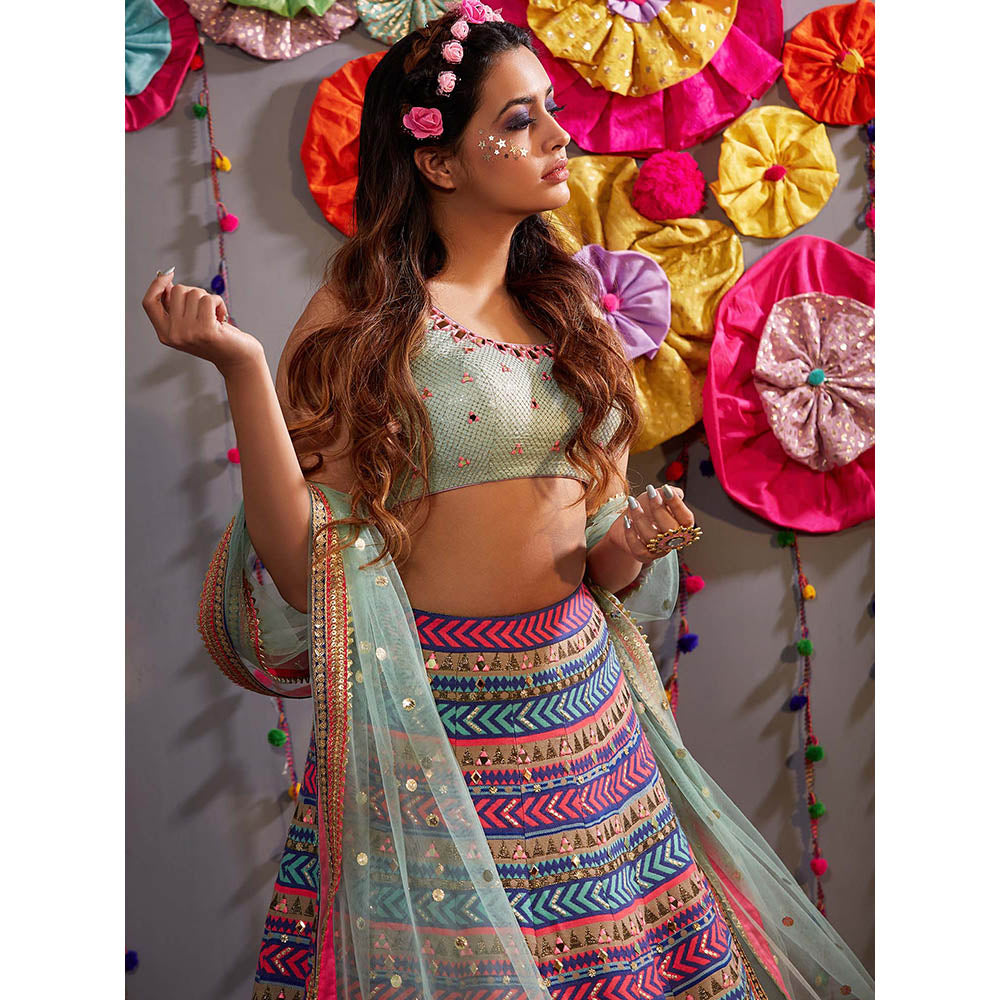 AVNNI KAPUR Multi-Color Embroidered Lehenga with Mirror Work Choli and Dupatta (Set of 3)