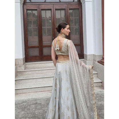 AVNNI KAPUR Grey Silk Chander Lehenga Paired with Choli and Dupatta (Set of 3)