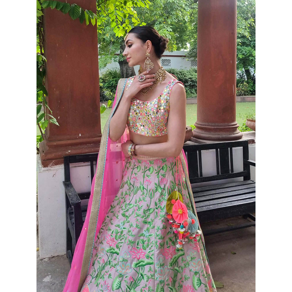 AVNNI KAPUR Pink Thread Embroidered Lehenga with Mirror Work Choli and Dupatta (Set of 3)