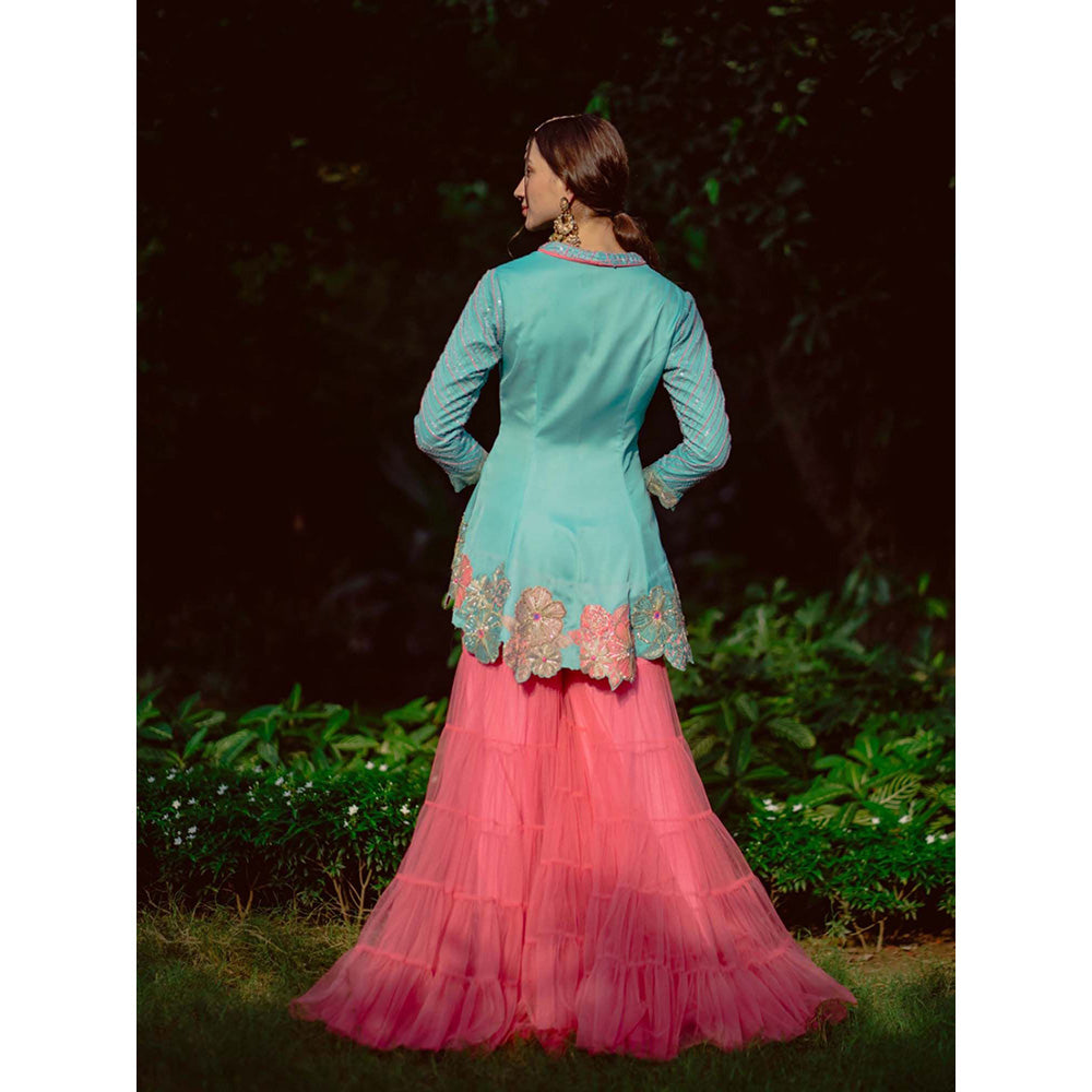 AVNNI KAPUR Blue Modal Satin Kurti with Flower Embroidery and Sharara (Set of 2)