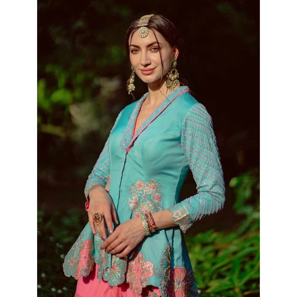 AVNNI KAPUR Blue Modal Satin Kurti with Flower Embroidery and Sharara (Set of 2)