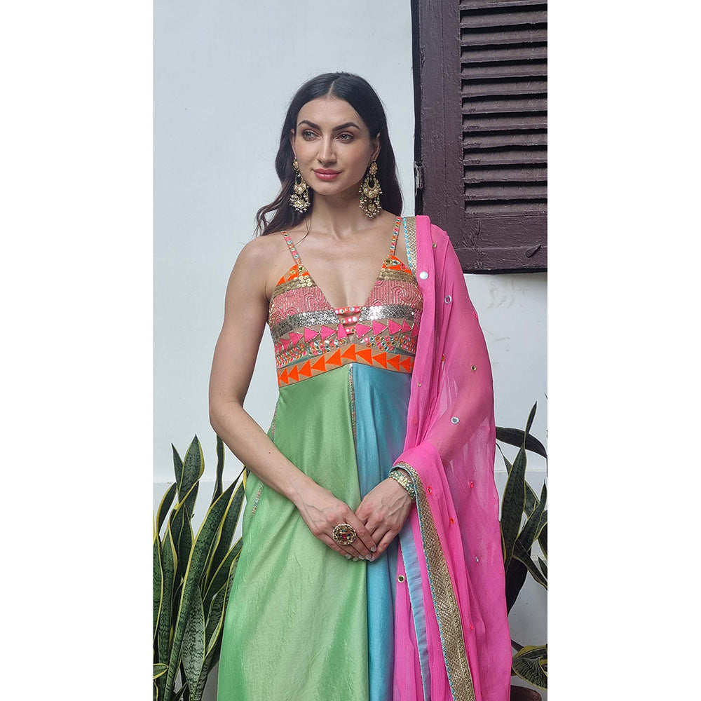 AVNNI KAPUR Multi-Color Silk Chander Anarkali Kurta with Pant and Dupatta (Set of 3)