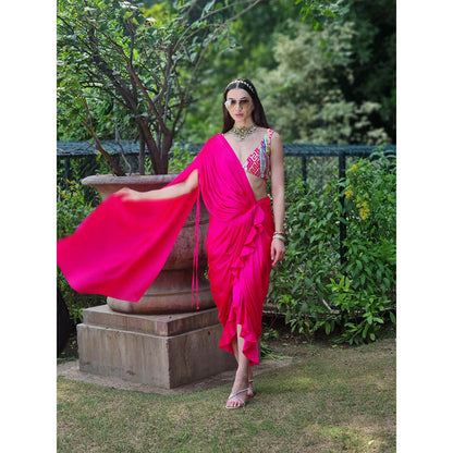 AVNNI KAPUR Modal Satin Pre-Drape Saree with Sequience Work Stitched Blouse