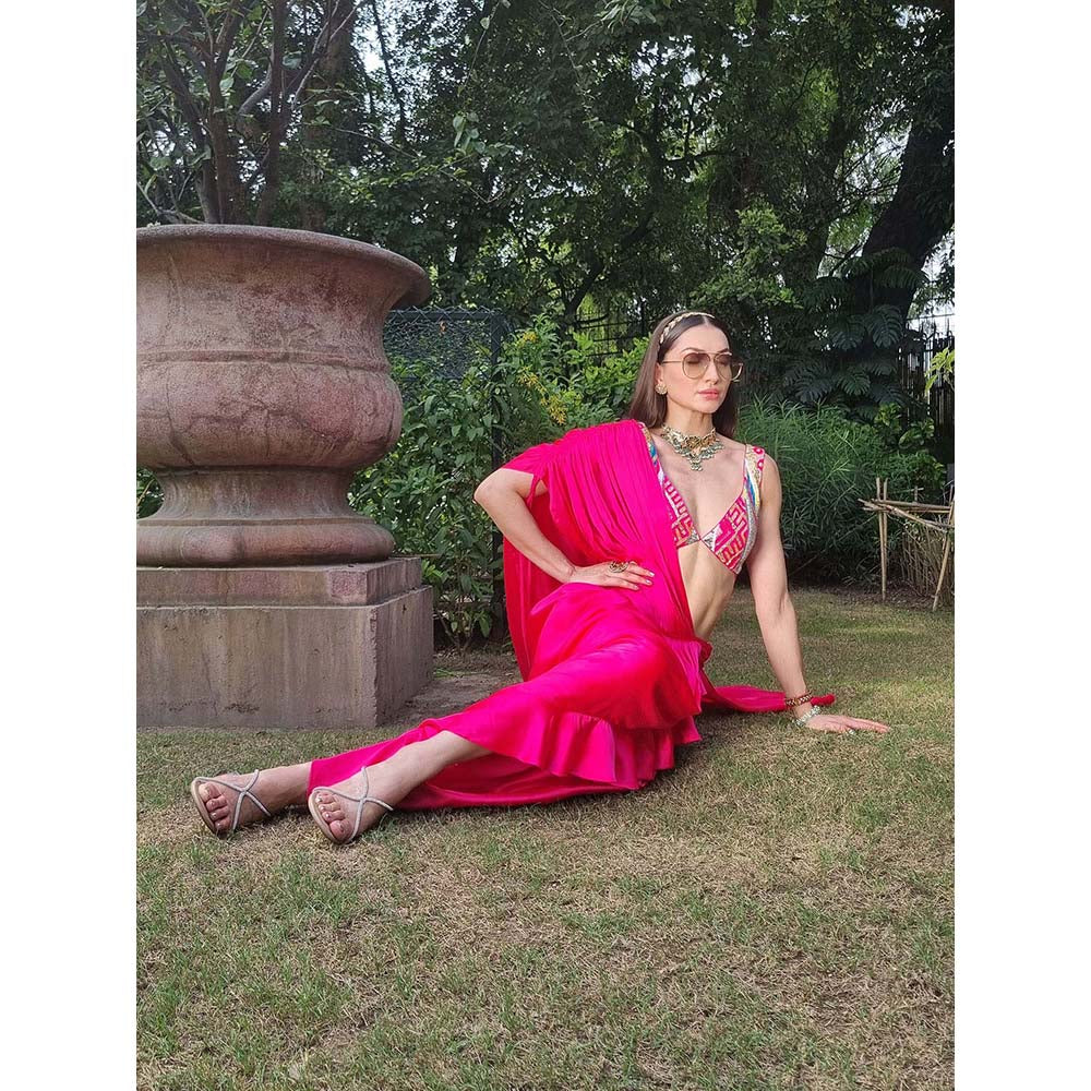 AVNNI KAPUR Modal Satin Pre-Drape Saree with Sequience Work Stitched Blouse