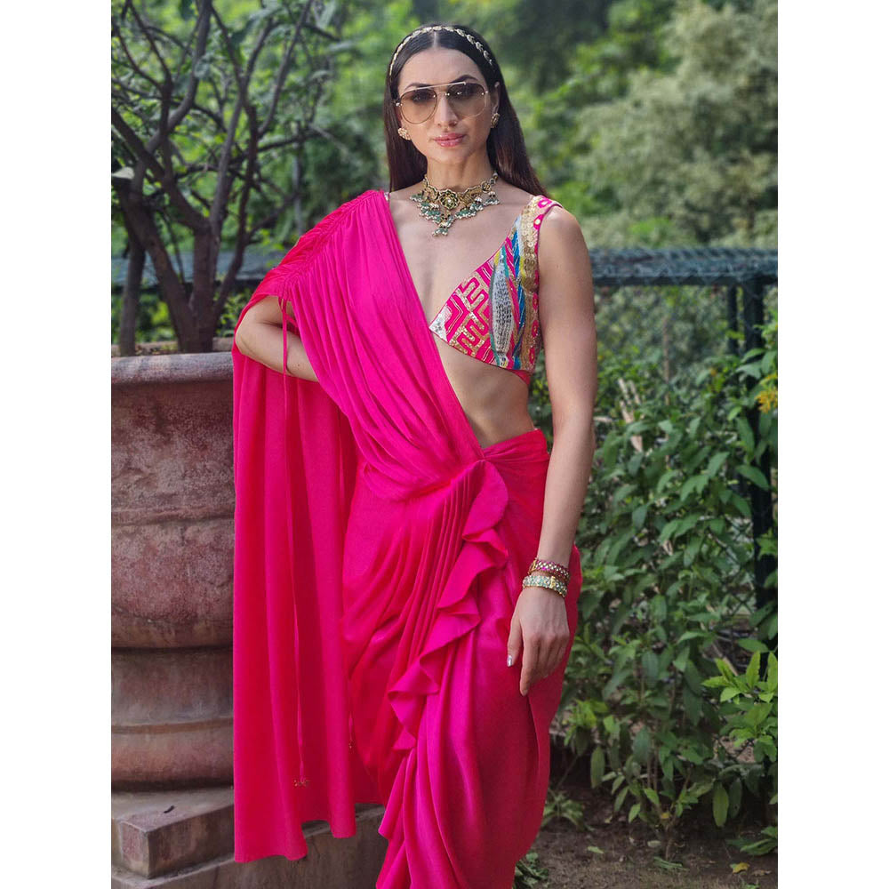 AVNNI KAPUR Modal Satin Pre-Drape Saree with Sequience Work Stitched Blouse