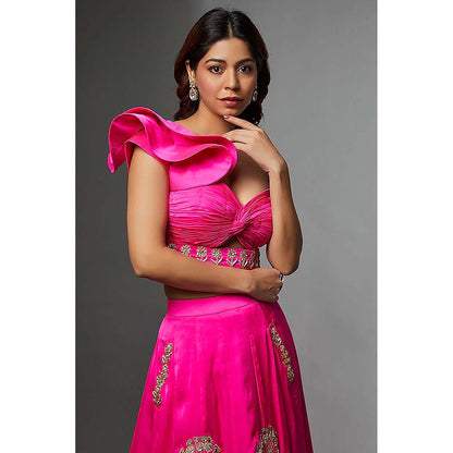 AVNNI KAPUR Satin Chiffon Bootas Lehenga Paired with Ruched Blouse (Set of 2)