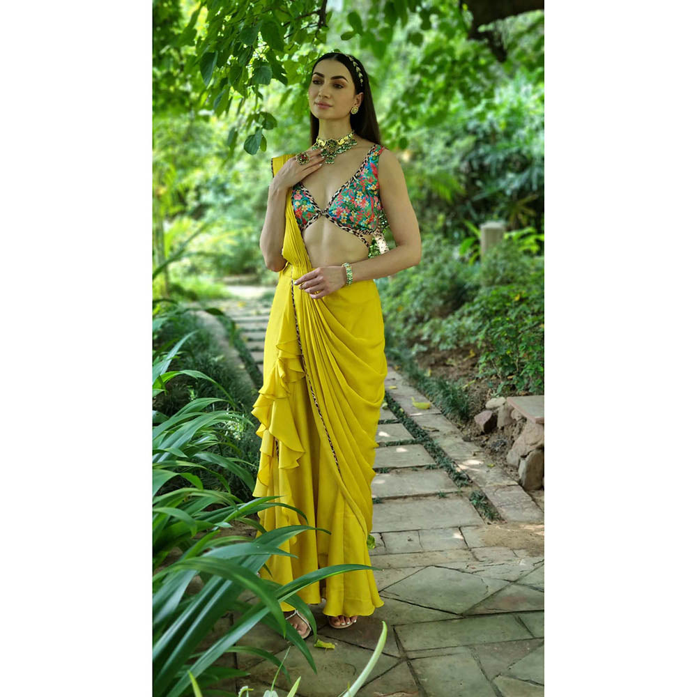 AVNNI KAPUR Satin Chiffon Pre-Draped Saree with Printed Stitched Blouse