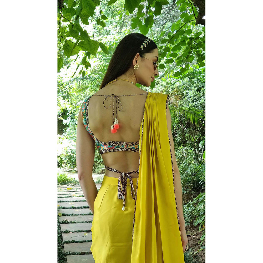 AVNNI KAPUR Satin Chiffon Pre-Draped Saree with Printed Stitched Blouse